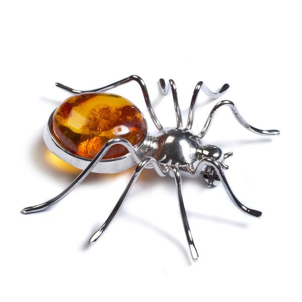 Henryka Handmade Large Spider Brooch in Silver and Amber