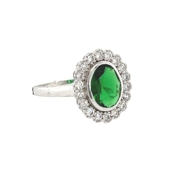 Silver CZ Vintage Style Rubover Green Ring side