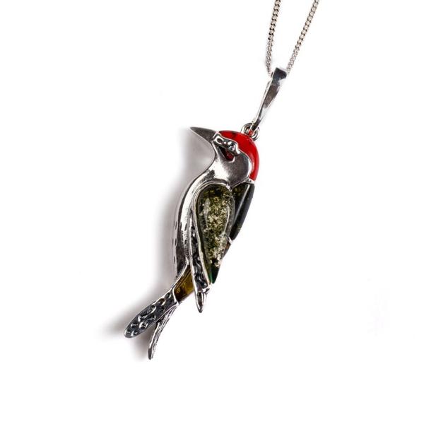Henryka Small Woodpecker Bird Necklace in Silver, Coral and Amber PH801/S-AAG