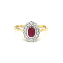 Ruby & Diamond Oval Cluster Ring 18ct Gold front
