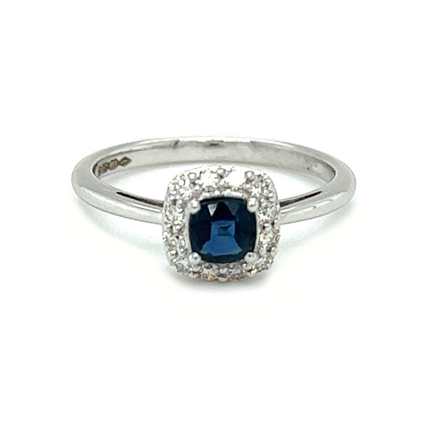 18ct White Gold Sapphire & Diamond Cushion Cluster Ring