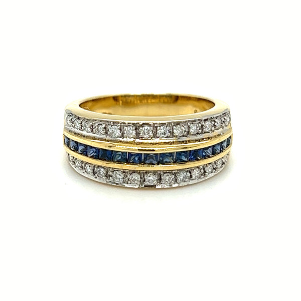 18ct Yellow Gold Sapphire & Diamond Triple Row Ring