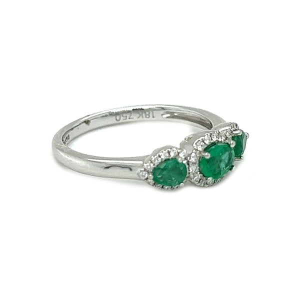 Emerald & Diamond Trilogy Halo Ring 18ct White Gold side