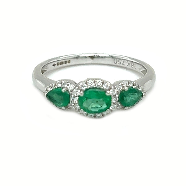 Emerald & Diamond Trilogy Halo Ring 18ct White Gold