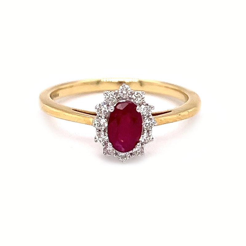 Ruby & Diamond Traditional Oval Cluster Ring 18ct Gold
