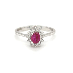 Ruby & Diamond Oval Cluster Ring 18ct White Gold front