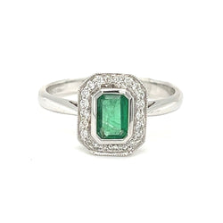 Emerald & Diamond Cluster Ring 18ct White Gold front